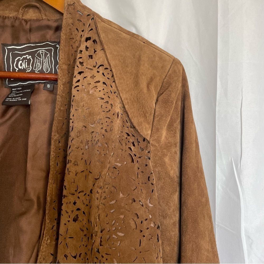 CHI BY FALCHI Women’s Brown Leather Jacket Open Front Cut Out Size Small - Picture 13 of 17